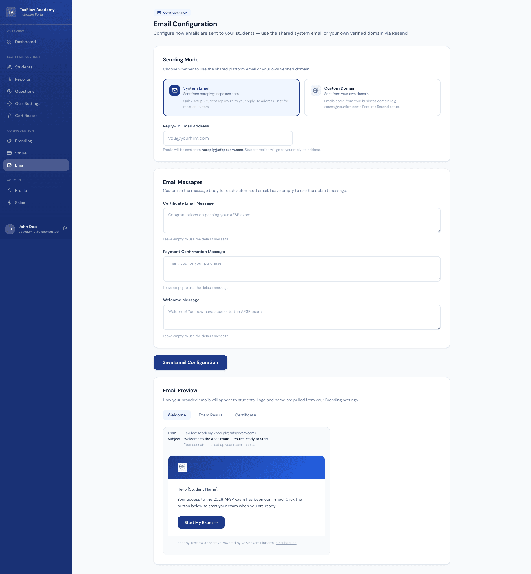 Email Notifications — AFSP Exam platform
