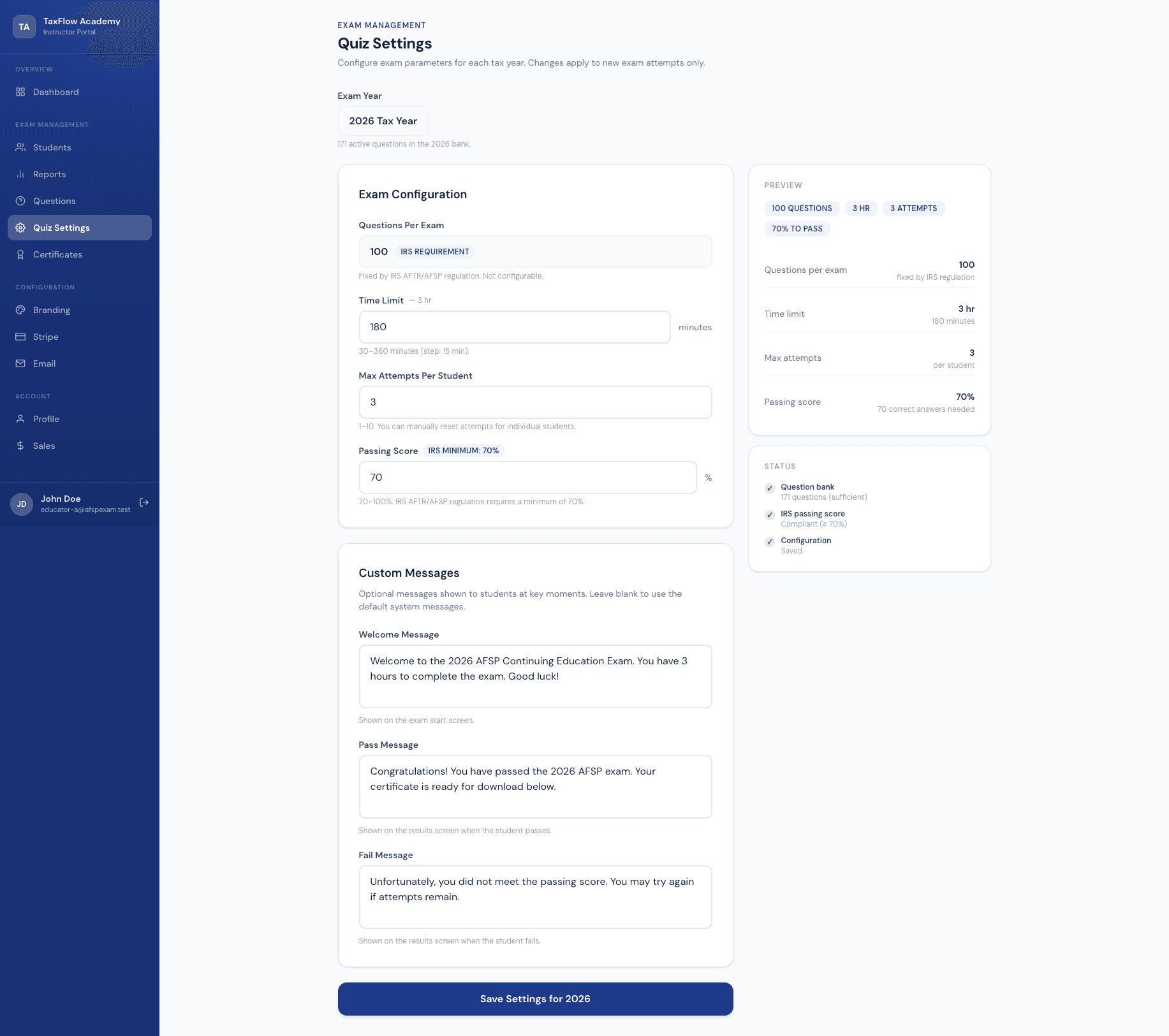 Exam Configuration — AFSP Exam platform