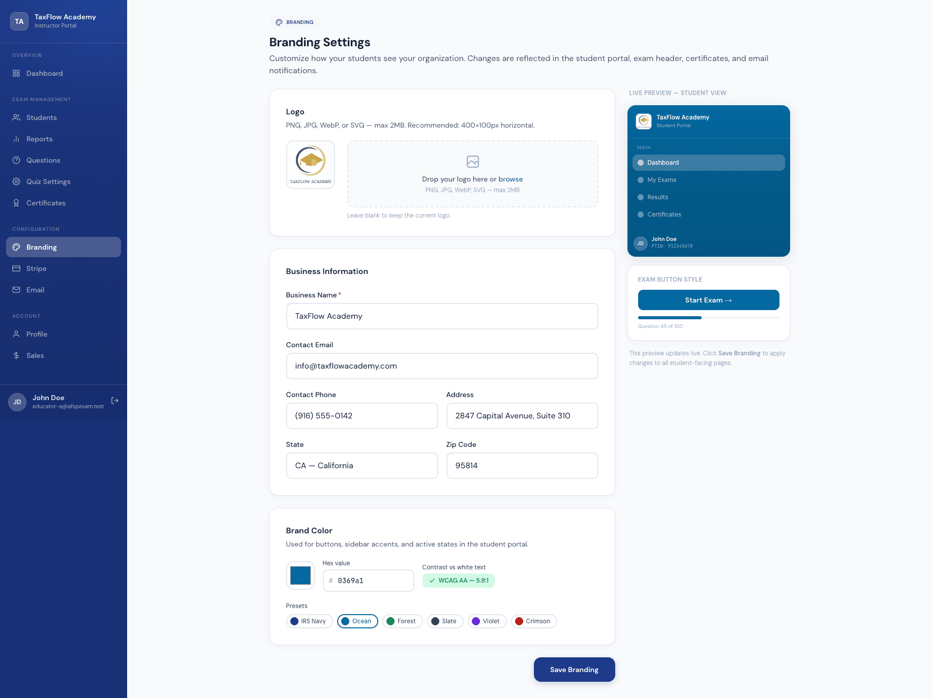 Custom Branding — AFSP Exam platform