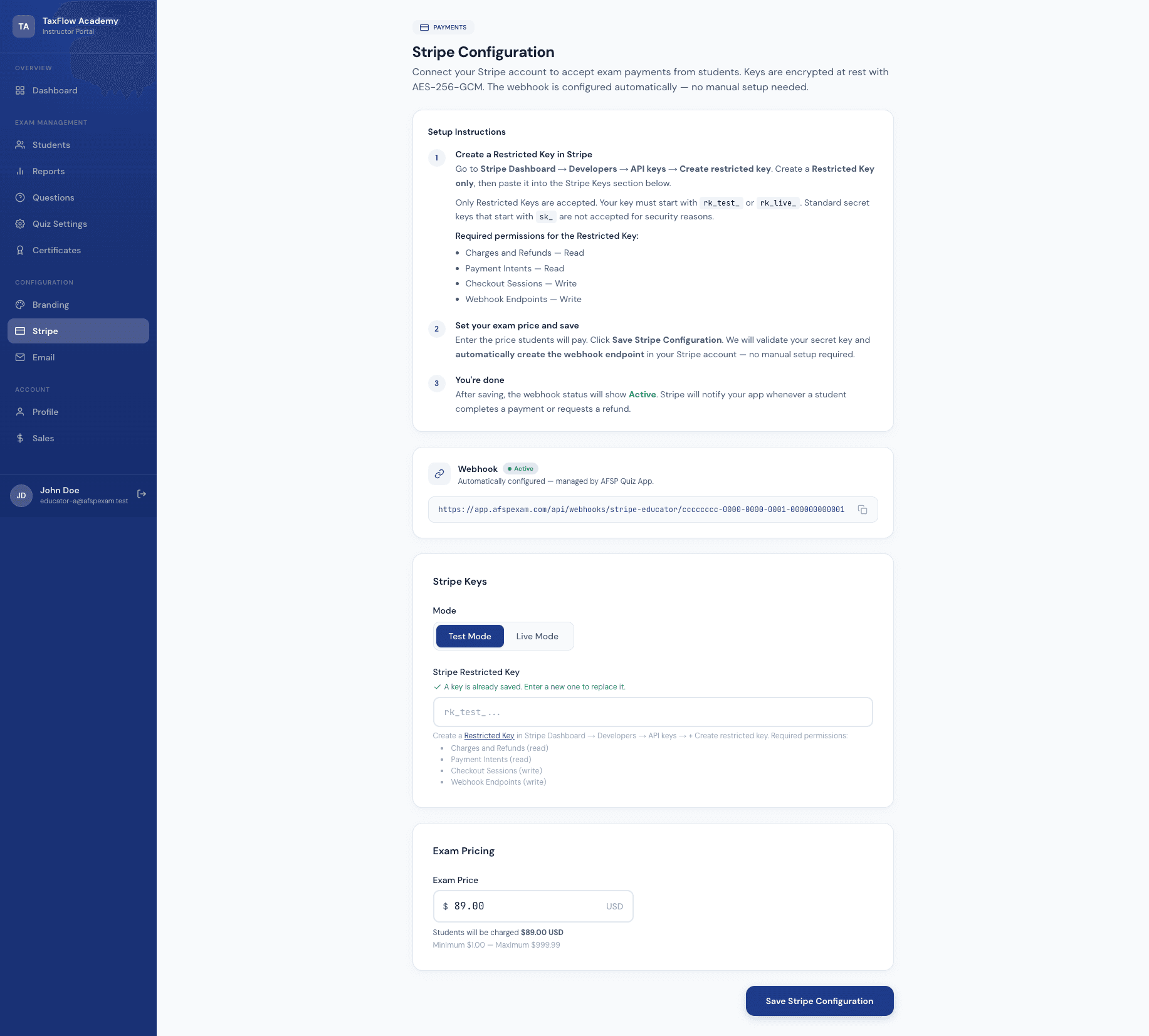 Stripe Payments — AFSP Exam platform