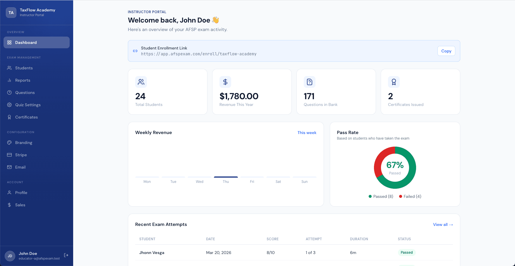 Instructor Dashboard — AFSP Exam platform